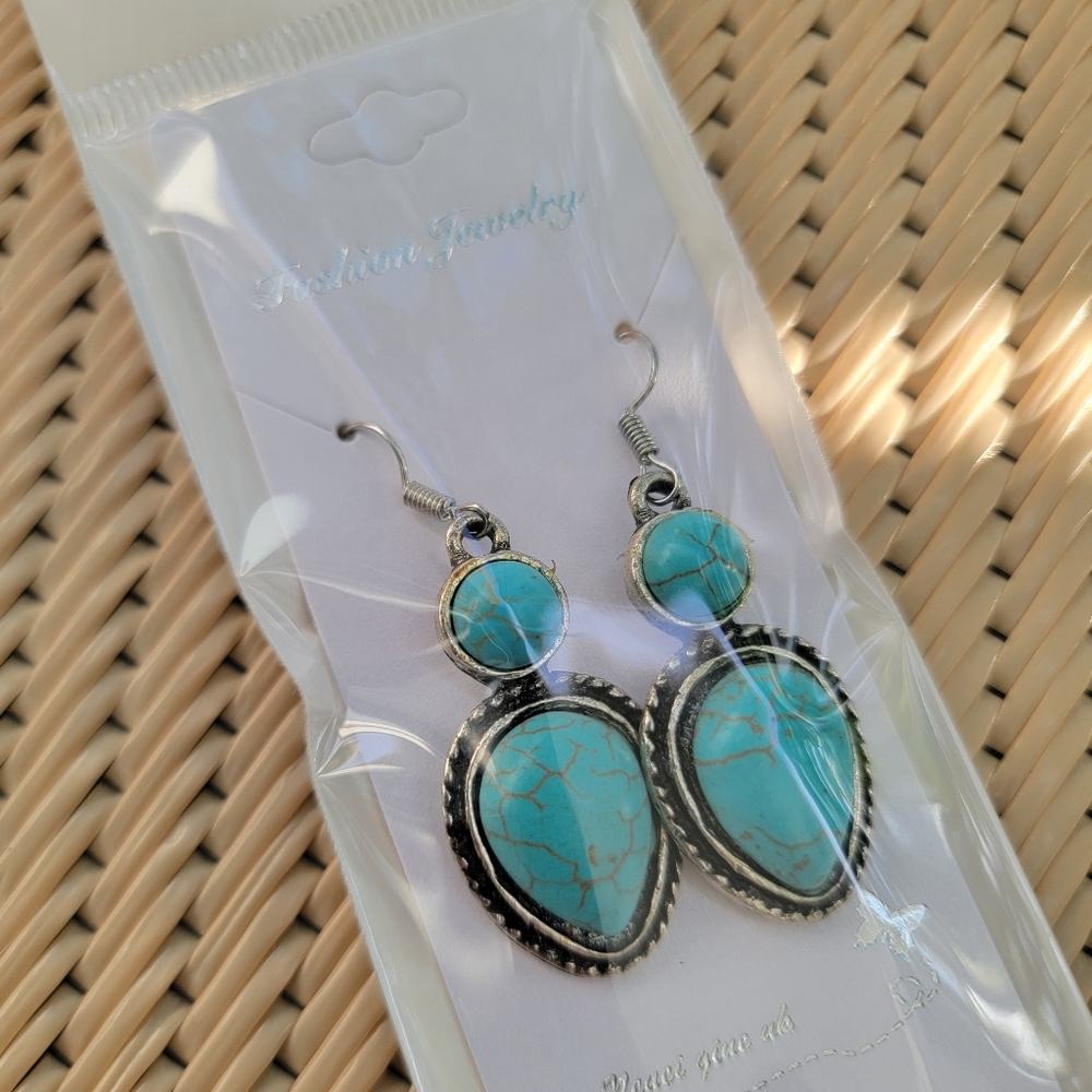 Faux Turquoise Silver Drop Earrings